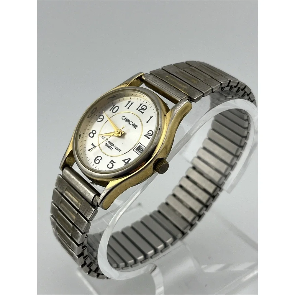 Cherokee Watch Men 32mm Gold Case Silver Stretch Band- New‎ Battery
